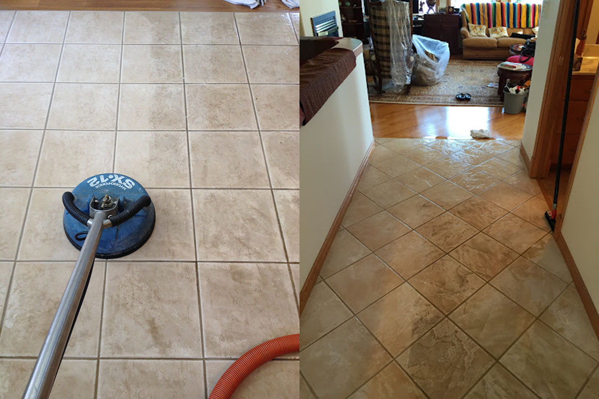 Shiny kitchen tiles after a professional cleaning service.